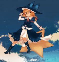 Rule 34 | 1girl, adapted costume, belt, blonde hair, blue bow, blue footwear, blue hat, blue vest, boots, bow, braid, collared shirt, frilled skirt, frills, hair bow, hand on headwear, hat, hat bow, highres, kirisame marisa, long sleeves, looking at viewer, mayumura basako, overskirt, shirt, side braid, simple background, single braid, sitting, sitting on object, skirt, skirt set, smile, solo, star (symbol), touhou, vest, white shirt, white skirt, witch hat, yellow eyes