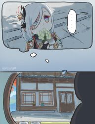 Rule 34 | ..., 1girl, 2koma, artist name, blue eyes, building, comic, commentary, day, eating flower, english commentary, flower, genshin impact, highres, holding, holding flower, outdoors, shenhe (genshin impact), solo, spoken ellipsis, white hair, xinzoruo