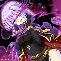 Rule 34 | 1girl, aura, bare shoulders, breasts, cloak, corruption, crystal, dark persona, diamond (shape), elbow gloves, evil, evil smile, fire emblem, fire emblem: genealogy of the holy war, gloves, glowing, glowing eye, half-holding, julia (fire emblem), large breasts, lipstick, looking at viewer, loptous (fire emblem), makeup, nintendo, possessed, purple eyes, red eyes, simple background, slit pupils, smile, thighs, twitter username, weapon, white background, yukia (firstaid0)