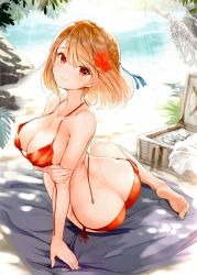 Rule 34 | 1girl, arm support, ass, azur lane, backlighting, barefoot, beach, bikini, blonde hair, blush, braid, breast hold, breasts, butt crack, cleavage, closed mouth, cropped, crown braid, day, dimples of venus, earrings, feet, flower, french braid, from behind, full body, hair flower, hair ornament, halterneck, hibiscus, highres, jewelry, large breasts, light brown hair, looking at viewer, nylon (nylon 100%), official art, outdoors, prince of wales (azur lane), red bikini, red eyes, scan, short hair, side-tie bikini bottom, side braid, sitting, smile, soles, solo, swimsuit, toes, twisted torso, untied bikini