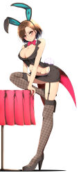 Rule 34 | 1girl, absurdres, animal ears, arm support, bare shoulders, black footwear, black hairband, black shirt, black skirt, blush, bow, bowtie, breasts, brown eyes, brown hair, cleavage, collar, crop top, cropped shirt, detached collar, fake animal ears, fake tail, fishnet thighhighs, fishnets, full body, garter belt, hairband, high heels, highres, hitofudegaki usagi, idolmaster, idolmaster cinderella girls, idolmaster cinderella girls starlight stage, leaning forward, looking at viewer, medium breasts, midriff, mizuki seira, navel, parted lips, rabbit ears, rabbit tail, red bow, red bowtie, shirt, short hair, simple background, skirt, solo, standing, standing on one leg, tablecloth, tail, tailcoat, thighhighs, white background, white collar