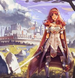 Rule 34 | 1girl, armor, cape, celica (fire emblem), detached collar, dress, fingerless gloves, fire emblem, fire emblem echoes: shadows of valentia, gloves, greaves, highres, holding, holding sword, holding weapon, klegsart, long hair, looking at viewer, nintendo, outdoors, red eyes, red hair, smile, solo, standing, sword, thighhighs, tiara, weapon