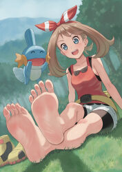 Rule 34 | 1girl, absurdres, barefoot, blue eyes, botan m, brown hair, commission, creatures (company), feet, foot focus, game freak, gen 3 pokemon, grass, highres, light blush, long hair, looking at viewer, may (pokemon), mudkip, nintendo, open mouth, pixiv commission, pokemon, pokemon oras, shoes, soles, toes, unworn shoes