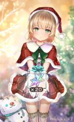 Rule 34 | 1girl, aqua ribbon, blonde hair, blurry, blurry background, capelet, christmas, christmas tree, closed mouth, commentary request, cowboy shot, crystal, floating clothes, fur-trimmed capelet, fur-trimmed skirt, fur trim, gift, gloves, green eyes, green ribbon, hat, heaven burns red, highres, holding, holding gift, incoming gift, looking at viewer, mkhc01, nanase nanami (heaven burns red), outstretched arms, plaid, plaid capelet, plaid headwear, plaid skirt, red skirt, ribbon, santa capelet, santa costume, santa hat, short hair, skirt, snowman, solo, standing, thighhighs, twitter username, white gloves