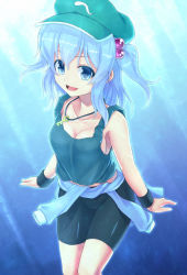 Rule 34 | 1girl, bare shoulders, bike shorts, blue eyes, blue hair, breasts, cleavage, clothes around waist, female focus, hair bobbles, hair ornament, hat, jacket, jacket around waist, jewelry, kawashiro nitori, key, matching hair/eyes, pendant, saemon (tonpura), short hair, small breasts, smile, solo, sweatband, tank top, touhou, twintails, two side up, wristband