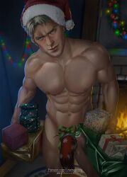 Rule 34 | 1boy, abs, bara, blonde hair, box, bulge, christmas, christmas lights, christmas ornaments, closed mouth, covered penis, facial hair, gift, gift box, hat, highres, holding, holding gift, large pectorals, male focus, muscular, muscular male, navel, nipples, pectorals, reiner braun, santa hat, shingeki no kyojin, short hair, solo, thighs, underwear, urielbeaupre15