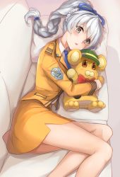 Rule 34 | 1girl, bad id, bad pixiv id, blazer, blush, bonta-kun, braid, braided ponytail, collared shirt, couch, full metal panic!, grey eyes, hair ribbon, highres, jacket, legs together, looking at viewer, lying, military, military uniform, miniskirt, necktie, hugging object, on side, open mouth, ponytail, powhway, ribbon, shirt, short hair, silver hair, single braid, skirt, solo, stuffed toy, teletha testarossa, uniform