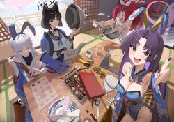 Rule 34 | 4girls, absurdres, animal ears, apron, black eyes, black hair, black horns, black sailor collar, blue archive, blue halo, blue neckerchief, blush, book, breasts, cat ears, chocolate, cleavage, closed mouth, cup, fake animal ears, grey eyes, hair ornament, halo, haori, highres, horns, indoors, japanese clothes, jiki (gkdlfnzo1245), kikyou (blue archive), large breasts, long hair, long sleeves, looking at viewer, mixing bowl, multiple girls, nagusa (blue archive), naked apron, neckerchief, open book, open mouth, purple eyes, purple hair, purple halo, rabbit ears, red hair, red halo, renge (blue archive), sailor collar, school uniform, serafuku, single horn, small breasts, smile, tatami, whisk, white apron, white hair, wrist cuffs, yukari (blue archive)