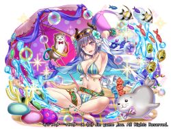 Rule 34 | 1girl, :d, anklet, armpits, arms up, ball, bare shoulders, beach umbrella, beachball, bikini, blanket, breasts, bubble, cleavage, coral, crossed legs, crystal, egg, eyewear on head, fantasy, fish, flower, front-tie bikini top, front-tie top, gem, grey hair, hair flower, hair ornament, hakuda tofu, horns, jewelry, large breasts, looking at viewer, monster girl, navel, ocean, official art, open mouth, original, otter, plaid blanket, purple eyes, scrunchie, seal (animal), see-through, sitting, smile, sparkle, striped bikini, striped clothes, sunglasses, swimsuit, thighlet, tropical fish, umbrella, vertical-striped bikini, vertical-striped clothes, watermark, wet, wet clothes, wrist scrunchie