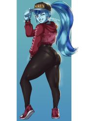 Rule 34 | 1girl, absurdres, aqua hair, ass, baseball cap, blue hair, blue skin, blush, breasts, colored skin, from behind, grin, hat, highres, huge ass, jacket, leggings, long hair, looking at viewer, multicolored hair, my little pony, my little pony: equestria girls, my little pony: friendship is magic, nire, one eye closed, pants, pantylines, ponytail, purple eyes, shiny clothes, sideboob, skin tight, smile, solo, sonata dusk, thick thighs, thighs, tight clothes, tight pants, two-tone hair, very long hair, wink