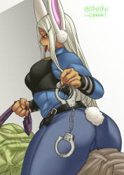 Rule 34 | 1boy, 1girl, artist name, ass, boku no hero academia, cosplay, cuffs, dark-skinned female, dark skin, highres, huge ass, judy hopps (cosplay), long hair, mirko, necktie, necktie grab, neckwear grab, open mouth, police, police uniform, rabbit ears, rabbit girl, rabbit tail, red eyes, shosho oekaki, sitting, sitting on person, thick thighs, thighs, tongue, tongue out, uniform, white hair, zootopia
