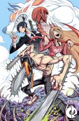 Rule 34 | 1girl, 2boys, black hair, black jacket, black necktie, blonde hair, blue sky, braid, braided ponytail, breasts, chainsaw, chainsaw man, cloud, collared shirt, denji (chainsaw man), earrings, extra eyes, formal, fox devil (chainsaw man), fox shadow puppet, hair between eyes, hayakawa aki, highres, holding, holding scythe, horns, intestines, jacket, jewelry, katana, kevin shah, long hair, looking afar, looking at viewer, looking back, makima (chainsaw man), medium breasts, multiple boys, muscular, muscular male, necktie, no eyes, off shoulder, on shoulder, open mouth, organs, pink sweater, power, power (chainsaw man), procreate (medium), red hair, red horns, ribs, ringed eyes, scythe, sharp teeth, shirt, short hair, sidelocks, sky, smile, stud earrings, stylized blood, suit, sweater, sword, teeth, topknot, weapon, weapon on back, white shirt, yellow eyes