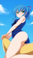 Rule 34 | 1girl, ass, banana boat, bare shoulders, blue hair, blue sky, blush, breasts, closed mouth, cloud, day, covered erect nipples, green eyes, hair ribbon, highres, kachiwarigoori, looking at viewer, looking back, one-piece swimsuit, original, red ribbon, ribbon, school swimsuit, sidelocks, sky, small breasts, smile, solo, swimsuit, wet