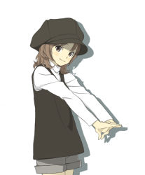 Rule 34 | 1girl, bad id, bad pixiv id, brown eyes, brown hair, cowboy shot, hakuto (artist), hat, hiro (dismaless), original, own hands together, simple background, smile, solo, stretching, white background