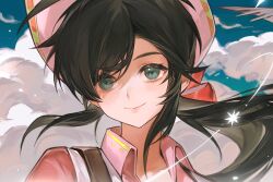 Rule 34 | 1girl, aircraft, airplane, ash echoes, black hair, blue sky, blush, character request, chinese commentary, cloud, collared shirt, commentary, day, green eyes, hat, highres, kakukaku666, looking at viewer, low twintails, pink hat, pink shirt, portrait, procreate (medium), shirt, sky, smile, solo, twintails, uneven twintails