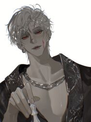 Rule 34 | 1boy, absurdres, blood, blood on face, chain, chain necklace, chess piece, coat, collarbone, earrings, eyelashes, fingernails, grey hair, highres, holding, holding chess piece, jewelry, lip ring, lips, looking at viewer, love and deepspace, male focus, necklace, parted bangs, pectorals, red eyes, short hair, simple background, solo, sweat, sweatdrop, sylus (love and deepspace), tongban806, white background