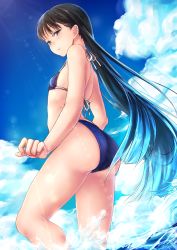 Rule 34 | 1girl, ass, bad id, bad pixiv id, bikini, blue bikini, blue sky, blush, closed mouth, cloud, cloudy sky, day, flat chest, halterneck, hexagon, kyara36, lens flare, long hair, looking at viewer, looking back, ocean, original, outdoors, sky, solo, standing, swimsuit, thighs, very long hair, wading