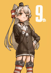 Rule 34 | 1girl, amatsukaze (kancolle), bottomless, brown eyes, garter belt, garter straps, gloves, grey hair, highres, kantai collection, karutade, kneehighs, looking at viewer, socks, solo, striped clothes, striped socks, two side up, upper body, white gloves