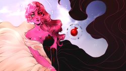 Rule 34 | 1girl, ashiori-chan, asymmetrical hair, bare shoulders, black gloves, breasts, cleavage, colored skin, elbow gloves, food, fruit, gloves, jewelry, lipstick, long hair, looking at viewer, lore olympus, makeup, medium breasts, persephone (lore olympus), pink eyes, pink hair, pink skin, pomegranate, red eyes, split theme, two-tone dress