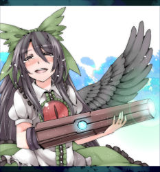 Rule 34 | 1girl, akagashi hagane, alternate weapon, arm cannon, bad id, bad pixiv id, black hair, black wings, blush, bow, closed eyes, female focus, glowing, glowing weapon, hair bow, letterboxed, long hair, open mouth, puffy sleeves, reiuji utsuho, shirt, short sleeves, skirt, smile, solo, tears, third eye, touhou, weapon, wings