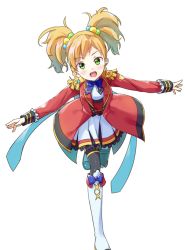 Rule 34 | 1girl, aikatsu! (series), aikatsu stars!, akazateri, black thighhighs, blonde hair, blush, boots, bow, bowtie, commentary request, dress, feet out of frame, green eyes, hands up, jacket, knee boots, leg up, long sleeves, looking at viewer, medium hair, nikaido yuzu, open mouth, outstretched arms, red jacket, simple background, single sidelock, smile, solo, swept bangs, thighhighs, twintails, white background, white dress, white footwear, zettai ryouiki