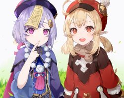 Rule 34 | 2girls, :d, ahoge, backpack, bag, dress, feathers, genshin impact, hair between eyes, hat, hat feather, highres, jewelry, klee (genshin impact), long hair, long sleeves, looking at viewer, low twintails, multiple girls, necklace, open mouth, purple eyes, purple hair, qiqi (genshin impact), red dress, red eyes, red headwear, smile, twintails, white feathers, younomiti
