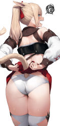 Rule 34 | 1girl, accio, angry, animal ears, ass, blonde hair, blue eyes, blush, cat ears, cat tail, detached sleeves, facial mark, fangs, final fantasy, final fantasy xiv, from behind, highres, looking at viewer, looking back, miniskirt, miqo&#039;te, open mouth, panties, pleated skirt, red skirt, simple background, skirt, solo, tail, thighhighs, underwear, upskirt, warrior of light (ff14), white background, white panties