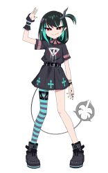 Rule 34 | 1girl, arm up, belt, black belt, black dress, black footwear, black hair, blue hair, blue thighhighs, blush, closed mouth, commentary request, cross print, demon girl, demon horns, demon tail, dress, eye hair ornament, eye of providence, fang, flat chest, full body, highres, horns, jewelry, long hair, looking at viewer, medium hair, multicolored hair, nanashi inc., nirato shungiku, official alternate costume, pointy ears, red eyes, ring, shishio chris, shishio chris (3rd costume), shoes, short sleeves, simple background, single thighhigh, skin fang, smile, sneakers, solo, standing, striped clothes, striped thighhighs, sugar lyric, tail, thighhighs, two-tone hair, virtual youtuber, white background
