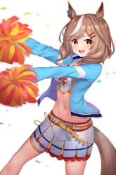 Rule 34 | 1girl, :d, absurdres, animal ears, blue jacket, brown hair, cheerleader, commentary request, cosplay, hair ornament, hairclip, highres, horse ears, horse girl, horse tail, jacket, long hair, long sleeves, looking at viewer, matikane tannhauser (umamusume), midriff, multicolored hair, navel, nice nature (run&amp;win) (umamusume), nice nature (umamusume), nice nature (umamusume) (cosplay), open mouth, pizza (pizzania company), pom pom (cheerleading), short hair, simple background, smile, solo, standing, stomach, streaked hair, tail, thighs, umamusume, white background, white hair, yellow eyes
