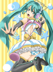 Rule 34 | 1girl, boots, bridal gauntlets, dress, green eyes, green hair, hatsune miku, headphones, jumping, long hair, looking back, matching hair/eyes, microphone, microphone stand, open mouth, panties, pantyshot, skirt, solo, striped background, striped clothes, striped panties, t shatsu, thigh boots, thighhighs, twintails, underwear, upskirt, very long hair, vocaloid