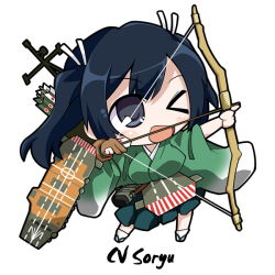 Rule 34 | &gt;:d, &gt; o, 10s, 1girl, :d, ;d, archery, arrow (projectile), black hair, blue eyes, blush, bow (weapon), breasts, character name, chibi, flight deck, gloves, japanese clothes, kantai collection, kyuudou, large breasts, one eye closed, open mouth, partially fingerless gloves, partly fingerless gloves, personification, quiver, ribbon, short hair, single glove, skirt, smile, solo, souryuu (kancolle), take tonbo, twintails, v-shaped eyebrows, weapon, yugake