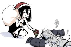 Rule 34 | 2girls, abyssal ship, battleship princess, black dress, black hair, blush stickers, box, colored skin, dress, closed eyes, gauntlets, gift, gift box, hat, holding, holding gift, horns, kantai collection, long hair, lowres, multiple girls, open mouth, sack, santa hat, simple background, smile, supply depot princess, terrajin, very long hair, white background, white hair, white skin