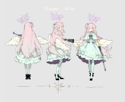 Rule 34 | 1girl, angel wings, blue archive, capelet, dress, english text, feathered wings, flower, frilled ribbon, frills, from behind, gun, hair bun, hair flower, hair ornament, halo, highres, lanchester smg, long hair, looking at viewer, low wings, mika (blue archive), pink hair, pink halo, qyzhiaiyisheng, ribbon, scrunchie, simple background, single side bun, smile, solo, submachine gun, very long hair, weapon, white capelet, white dress, white wings, wing ornament, wings, yellow eyes