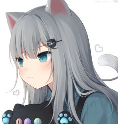 Rule 34 | 1girl, amashiro natsuki, animal ears, blue eyes, cat ears, cat girl, cat tail, closed mouth, commentary request, face, grey hair, hair ornament, hairclip, heart, holding, long hair, nachoneko, original, shirt, smile, solo, stuffed animal, stuffed toy, tail