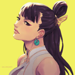 Rule 34 | 1girl, blunt bangs, capcom, chun-li, disappointed, earrings, eyeshadow, hair ornament, hairclip, high collar, jewelry, lipstick, makeup, monochrome, official alternate costume, official alternate hairstyle, ponytail, red eyeshadow, rejean dubois, simple background, solo, street fighter