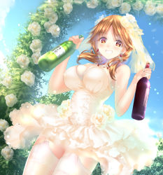 Rule 34 | 10s, 1girl, alternate costume, bad id, bad pixiv id, beads, blue sky, bottle, breasts, brown eyes, brown hair, buckle, bush, cloud, cowboy shot, day, dress, earrings, eyebrows, flower, from below, garter straps, grin, hair beads, hair flower, hair ornament, hair over shoulder, holding, idolmaster, idolmaster cinderella girls, jewelry, katagiri sanae, lace, lace-trimmed dress, lace trim, large breasts, light particles, long hair, looking at viewer, low twintails, necklace, outdoors, ponytail korosuke, revision, rose, sake bottle, sky, sleeveless, sleeveless dress, smile, solo, strap gap, thighhighs, twintails, veil, wedding dress, white dress, white flower, white rose, white thighhighs, wine bottle