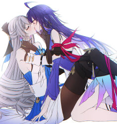 Rule 34 | 2girls, ahoge, arm scarf, bare legs, bare shoulders, black headwear, blue hair, blush, breasts, bronya rand, brown gloves, closed eyes, collarbone, couple, drill hair, earrings, elbow gloves, french kiss, girl on top, gloves, grey hair, hand on another&#039;s face, highres, honkai: star rail, honkai (series), jewelry, kiss, large breasts, leggings, long hair, multiple girls, open hand, seele (honkai: star rail), sieka (piiroinardesco), simple background, white background, yuri
