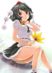 Rule 34 | 1girl, black hair, black necktie, black skirt, breasts, closed mouth, collared shirt, commentary request, dated, expressionless, feet out of frame, frilled skirt, frills, hair between eyes, hand in own hair, hat, hauchiwa, holding, kei jiei, leaf print, looking at viewer, medium breasts, necktie, panties, pantyshot, pom pom (clothes), red eyes, red hat, shameimaru aya, shirt, short hair, sitting, skirt, solo, tokin hat, touhou, underwear, white panties, white shirt