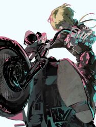 Rule 34 | 1girl, blonde hair, boots, driving, highres, jiao chang, lio fotia, motor vehicle, motorcycle, pink eyes, promare, solo, white background