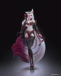 Rule 34 | 1girl, absurdres, ahri (league of legends), animal ears, armor, bikini armor, black thighhighs, bra, breasts, claws, cleavage, elbow gloves, fanfoxy, fox, fox ears, fox girl, fox tail, gloves, heart, high heels, highres, king (vocaloid), kitsune, league of legends, long hair, looking at viewer, medium breasts, multiple tails, queen, red lips, solo, tail, thighhighs, underwear, vocaloid, white hair