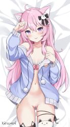 Rule 34 | 1girl, ahoge, animal ears, ass, bare shoulders, black ribbon, black thighhighs, blue eyes, blue hoodie, blue jacket, blue jersey, blush, bodypillow, bra, cat, cat ears, cat girl, cat socks, cleft of venus, cotton ball, dakimakura (medium), dakimakura (object), dakimakura (medium), exposed shoulder, female focus, fist on head, frilled bra, frills, hair between eyes, hair ornament, hand on own head, highres, hood, hoodie, jacket, jersey, katzchen, long hair, looking at viewer, lying, no panties, nude filter, nyanners, nyatasha nyanners, pillow, pink hair, pink ribbon, pussy, ribbon, smile, solo, stomach, string, thigh squeeze, thigh squish, thigh strap, thighhighs, thighs, third-party edit, tongue, tongue out, underwear, virtual youtuber, vshojo, white thighhighs, zipper