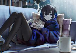 Rule 34 | 1girl, black hair, black pantyhose, blue hair, blue sweater, book, commentary, couch, cup, gradient hair, happa de happy, highres, holding, holding book, indoors, looking to the side, lying, monstera deliciosa, mug, multicolored hair, on couch, open book, original, pantyhose, pillow, plaid pillow, short hair, solo, sweater, two-tone hair