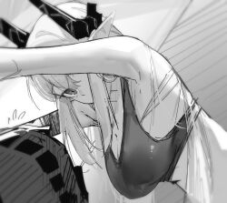 Rule 34 | 1girl, absurdres, ao oni (onioni-aoi), arknights, bare shoulders, black sports bra, breasts, covered mouth, expressionless, grey hair, hair between eyes, hair over shoulder, hanging breasts, highres, horns, long hair, looking at viewer, medium breasts, monochrome, mudrock (arknights), one eye covered, pointy ears, sarashi, solo, solo focus, sports bra