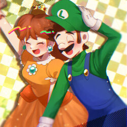 Rule 34 | 1boy, 1girl, breasts, brown hair, closed eyes, crown, dress, earrings, facial hair, flower earrings, gloves, grin, hand up, happy, hat, holding hands, jewelry, laughing, luigi, mario (series), medium breasts, mustache, nintendo, open mouth, orange dress, overalls, princess daisy, puffy short sleeves, puffy sleeves, short sleeves, smile, super mario bros. 1, super mario land, tomboy