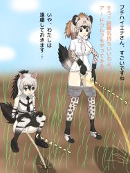 Rule 34 | 2girls, aardwolf (kemono friends), animal ears, kemono friends, multiple girls, na (pixiv33704821), outdoors, peeing, peeing together, pubic hair, puddle, pussy, smile, spotted hyena (kemono friends), squatting, standing, tail, uncensored