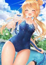 Rule 34 | 1girl, blonde hair, blue necktie, blue one-piece swimsuit, blush, bow, bow panties, bra, closed eyes, cloud, cloudy sky, collared shirt, commentary request, competition school swimsuit, day, facing viewer, fence, hair between eyes, hair ornament, hairclip, highres, holding, holding hose, hose, kin-iro mosaic, kujou karen, leg up, long hair, low twintails, minato ojitan, navel, necktie, one-piece swimsuit, open mouth, panties, pool, revision, school swimsuit, see-through, shirt, sky, slippers, solo, swimsuit, swimsuit under clothes, tree, twintails, underwear, water, wet, wet clothes, white bra, x hair ornament