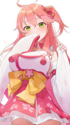 Rule 34 | 1girl, ahoge, bell, blush, bow, breasts, cherry blossom print, closed mouth, commentary request, covering own mouth, cowboy shot, detached sleeves, floral print, green eyes, hair bell, hair between eyes, hair bow, hair ornament, hand over own mouth, hands up, highres, hololive, large breasts, long hair, looking at viewer, medium breasts, nontraditional miko, one side up, paw print, pink bow, pink hair, pink skirt, sakura miko, sakura miko (1st costume), shirt, sideboob, sideless kimono, simple background, skirt, sleeves past wrists, solo, tassel, uohara shinji, very long hair, virtual youtuber, waist bow, white background, white shirt, white sleeves, wide sleeves, x hair ornament, yellow bow