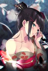 Rule 34 | 10s, 1girl, absurdres, black hair, blunt bangs, blush, breasts, chromatic aberration, cleavage, collarbone, commentary request, floral print, flower, green eyes, hair bun, hair flower, hair ornament, hair stick, hair up, hairclip, hand on own face, hario 4, highres, japanese clothes, kimono, kurosawa dia, love live!, love live! school idol festival, love live! sunshine!!, medium breasts, mole, mole under mouth, obi, off shoulder, parted lips, sash, single hair bun, smile, solo, upper body, wide sleeves