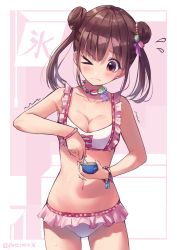 Rule 34 | &gt; o, 1girl, 200f (nifu), absurdres, bikini, bracelet, breasts, brown hair, cleavage, commentary request, double bun, food-themed hair ornament, frilled bikini, frills, hair bun, hair ornament, highres, ice cream cup, idolmaster, idolmaster shiny colors, jewelry, large breasts, macaron hair ornament, navel, necklace, one eye closed, pink bikini, red eyes, short twintails, solo, sonoda chiyoko, swimsuit, twintails, wet
