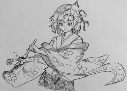 Rule 34 | 1girl, closed mouth, commentary, floral print, flower, greyscale, hair flower, hair ornament, hieda no akyuu, highres, holding, holding paintbrush, holding scroll, japanese clothes, kanaria (bocmn), kimono, monochrome, one-hour drawing challenge, paintbrush, scroll, short hair, simple background, sketch, skirt, solo, touhou, traditional media